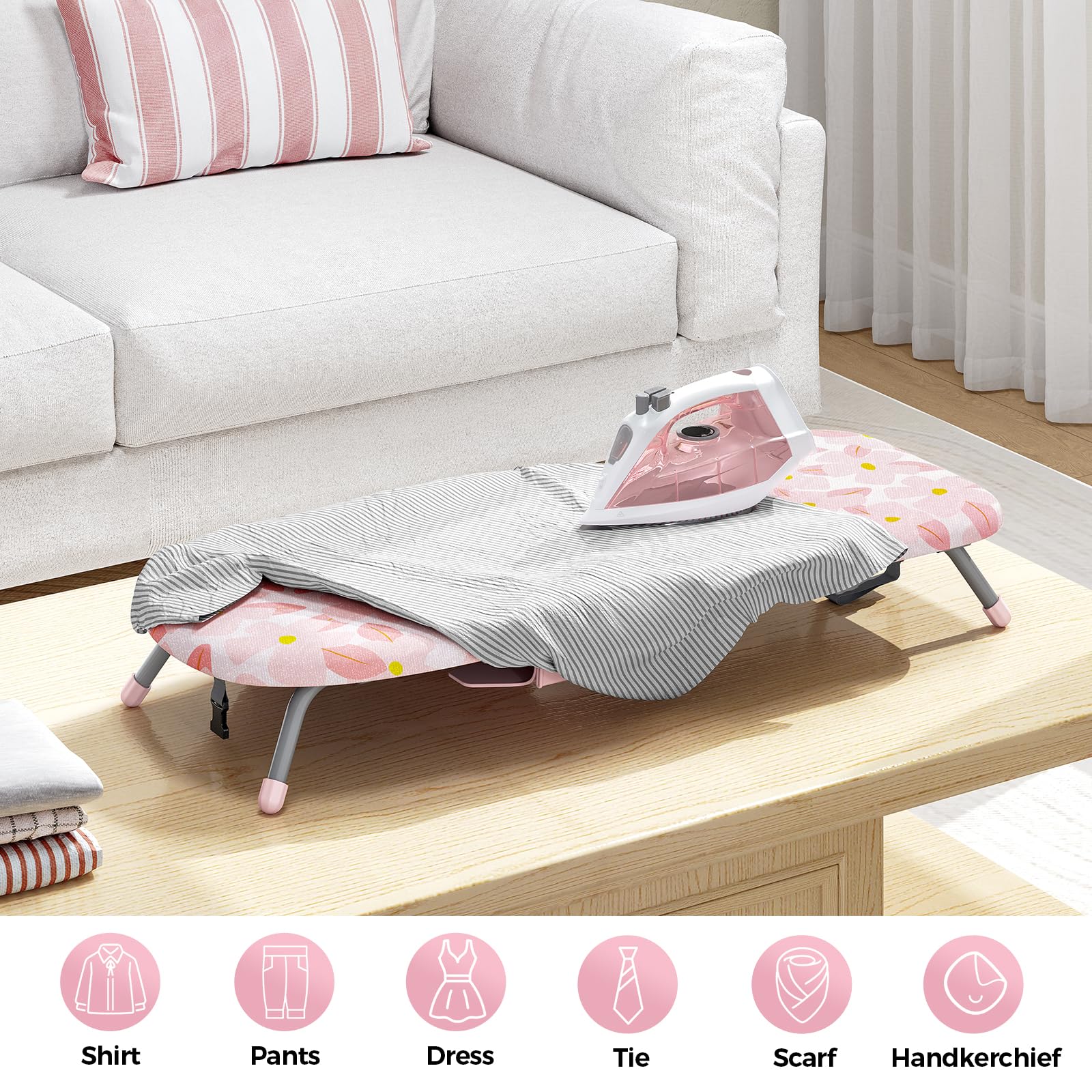 APEXCHASER compact ironing board with non-slip feet stays stable during use.