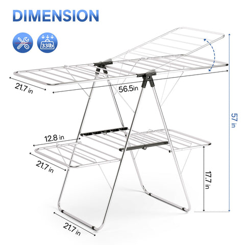 APEXCHASER stainless steel drying rack side view, rust-resistant for indoor or outdoor use.