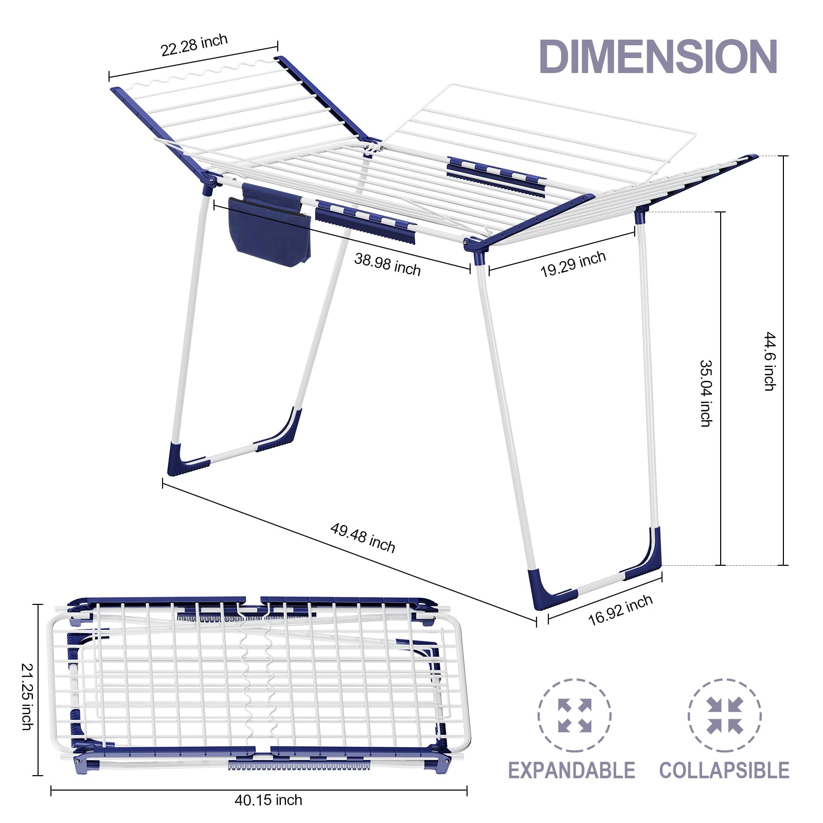 APEXCHASER winged-drying-rack-extended showcases five zones for shirts and dresses.
