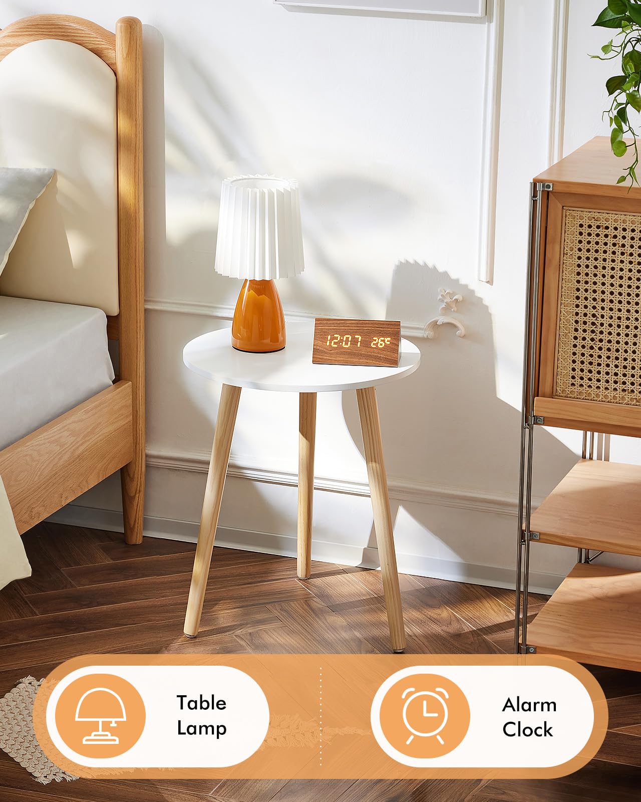 Apicizon round side table front view highlighting sturdy triangular legs for stability