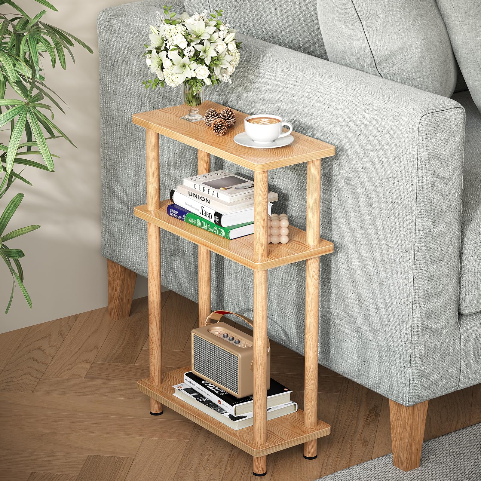 Apicizon 3-tier table top tier shown with lamp, ideal as bedside companion.