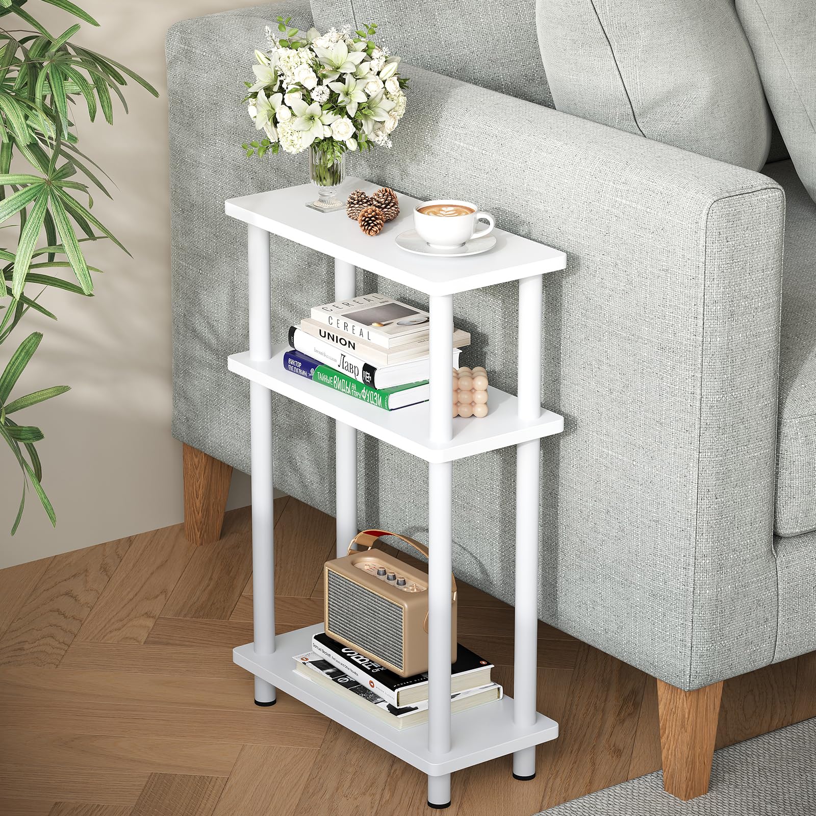 Apicizon small narrow side table with three shelves for extra storage in compact spaces.