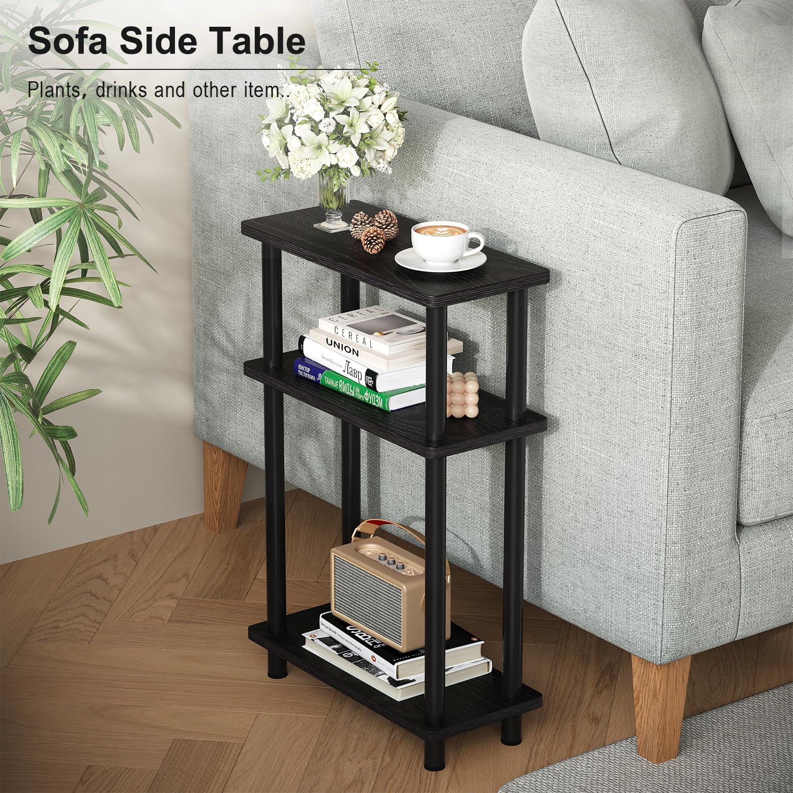 Apicizon three-tier side table bottom shelf holds books and magazines.