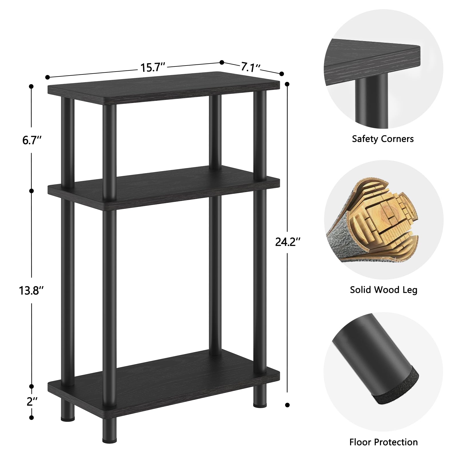 Apicizon three-tier side table middle shelf organizes remotes and accessories.