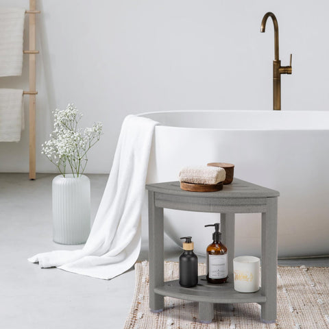 Apolimi corner shower stool with two-tier storage shelf for bath essentials