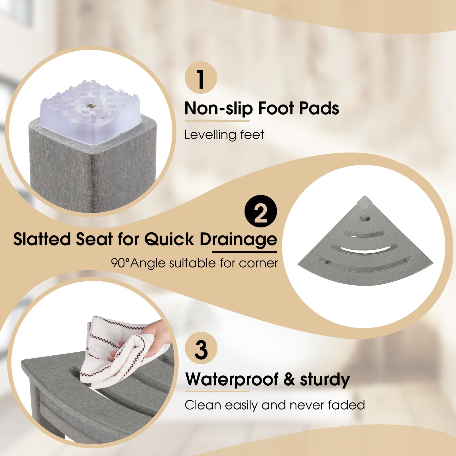 Apolimi shower stool shown with hardware ready for quick assembly