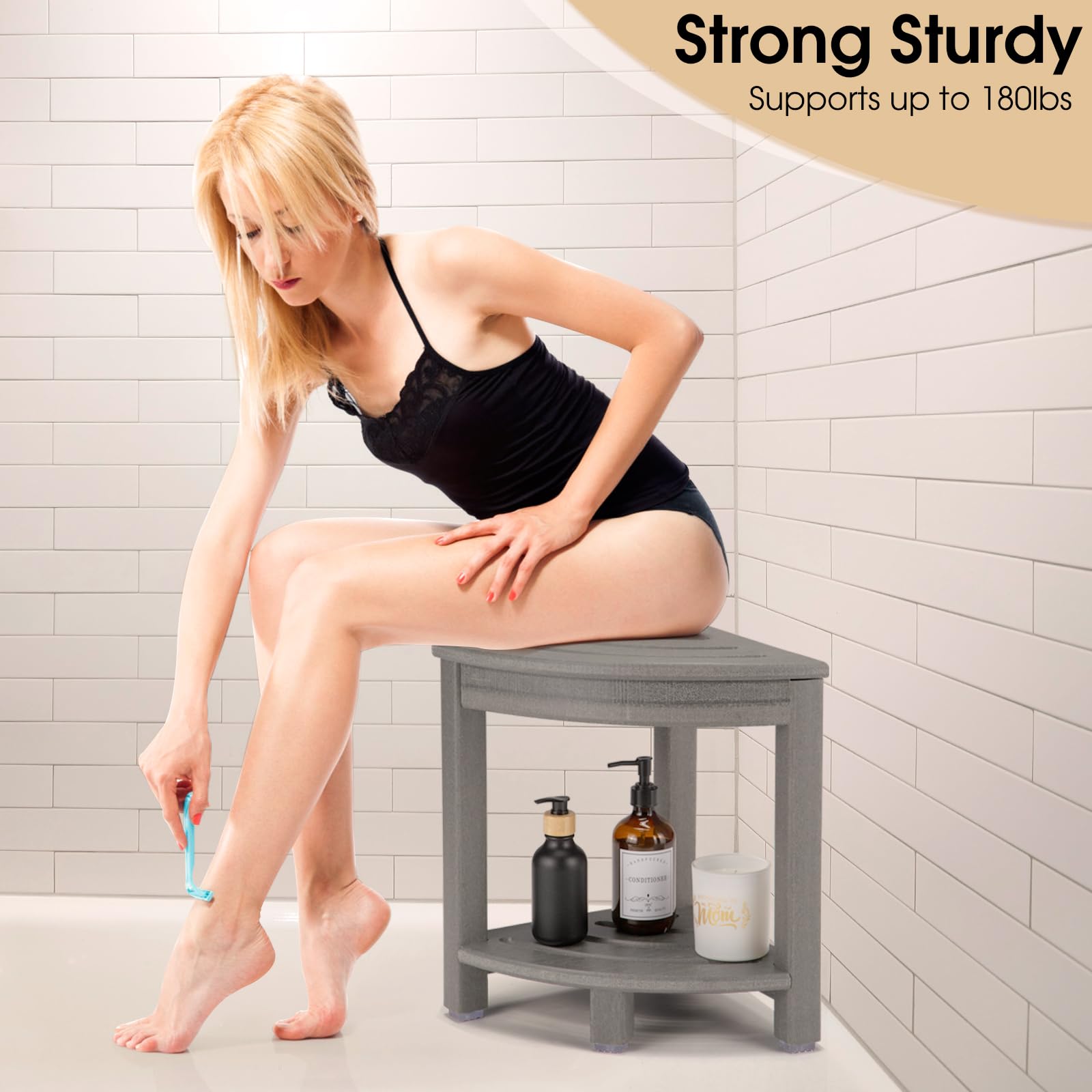 Apolimi grey corner shower stool emphasizing modern, durable design