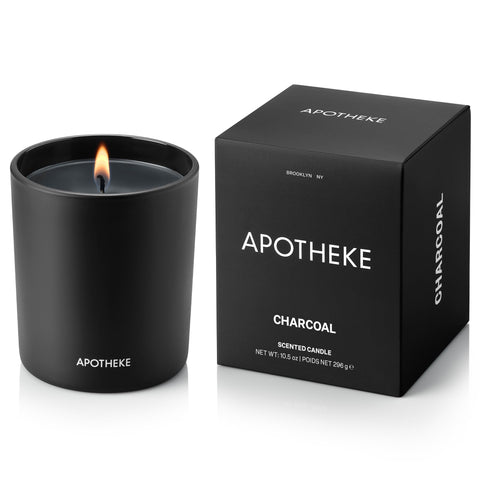 APOTHEKE Charcoal Classic Candle in a glass jar, top view enhances modern home decor