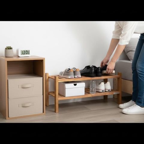 APPAFUN Open-tier acacia shelf promotes air circulation around footwear.