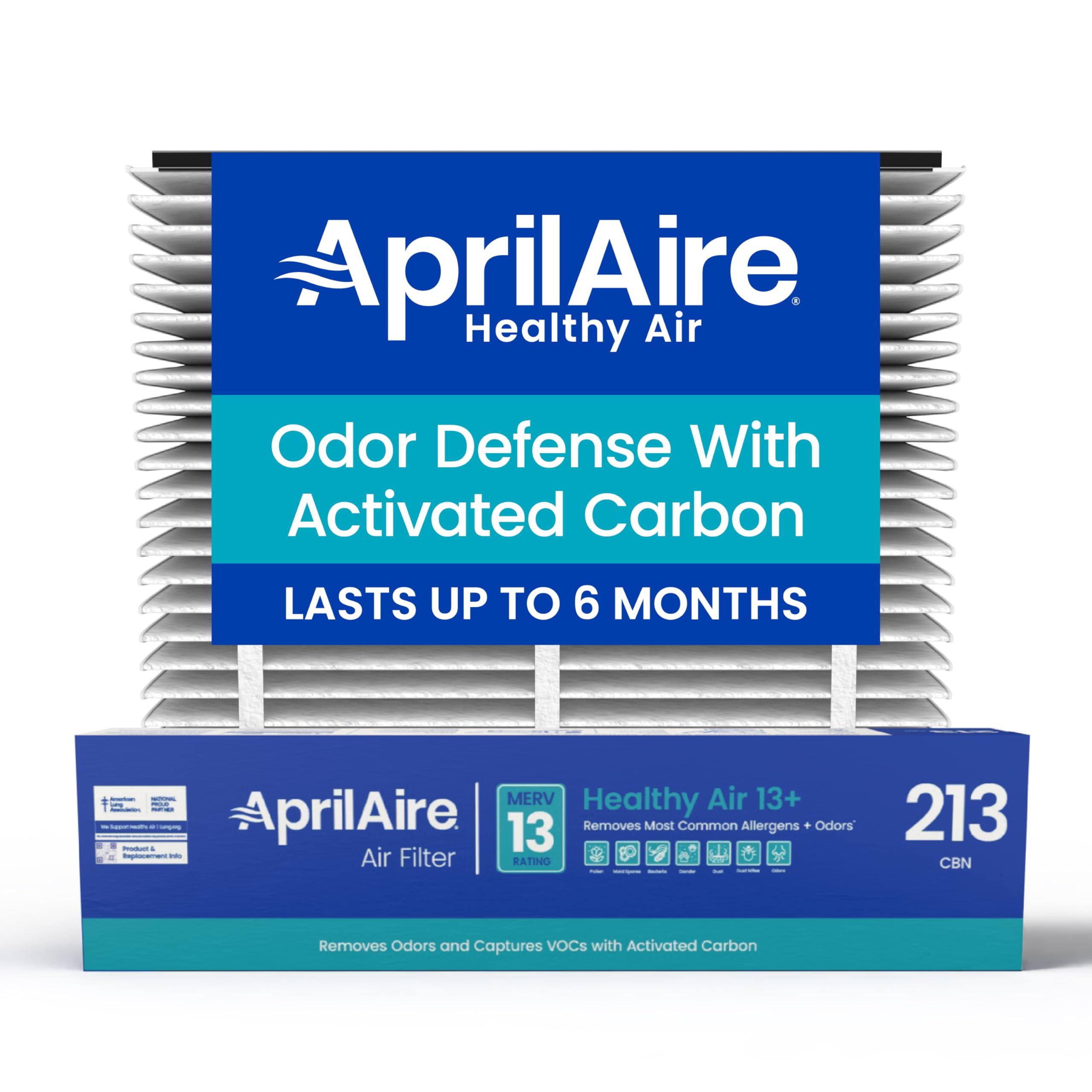 Aprilaire 213CBN filter visual focused on odor control for a fresher home.