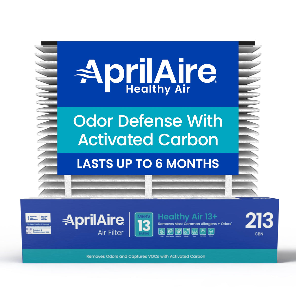 Aprilaire 213CBN filter visual focused on odor control for a fresher home.