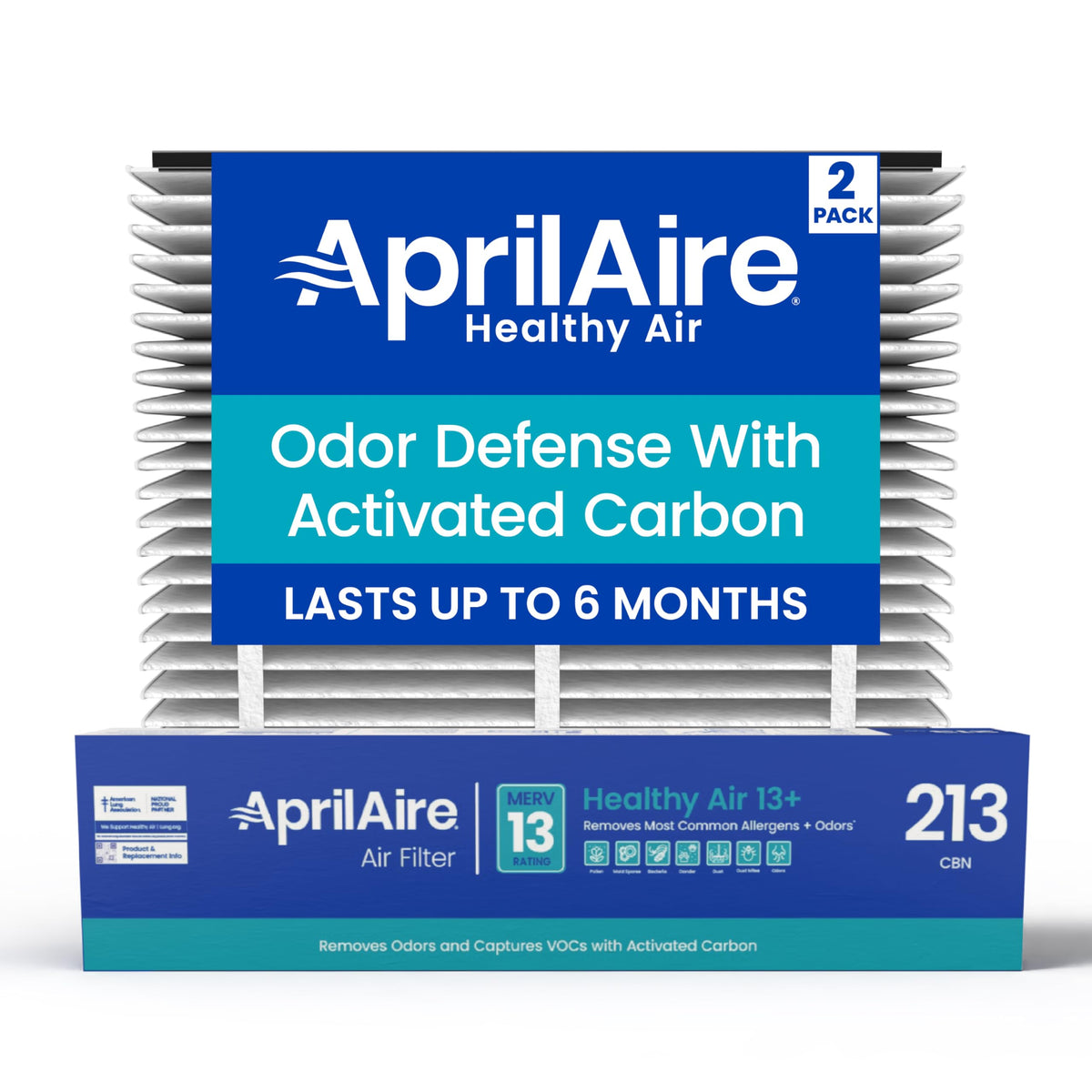 Aprilaire 213CBN packaging highlighting carbon-activated filtration for odors.