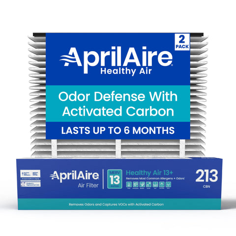 Aprilaire 213CBN packaging highlighting carbon-activated filtration for odors.