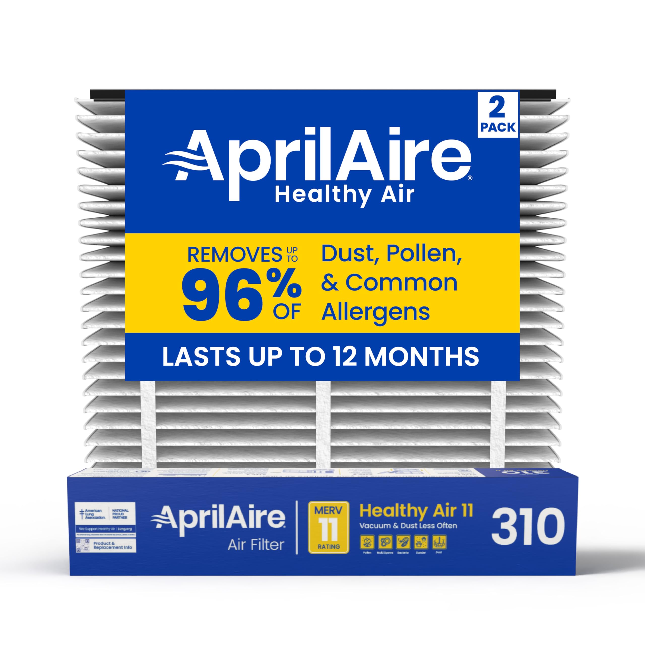 Aprilaire 310 replacement filter front view, two-pack for easy home filtration.
