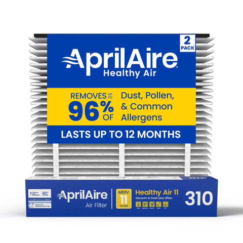Aprilaire 310 replacement filter front view, two-pack for easy home filtration.