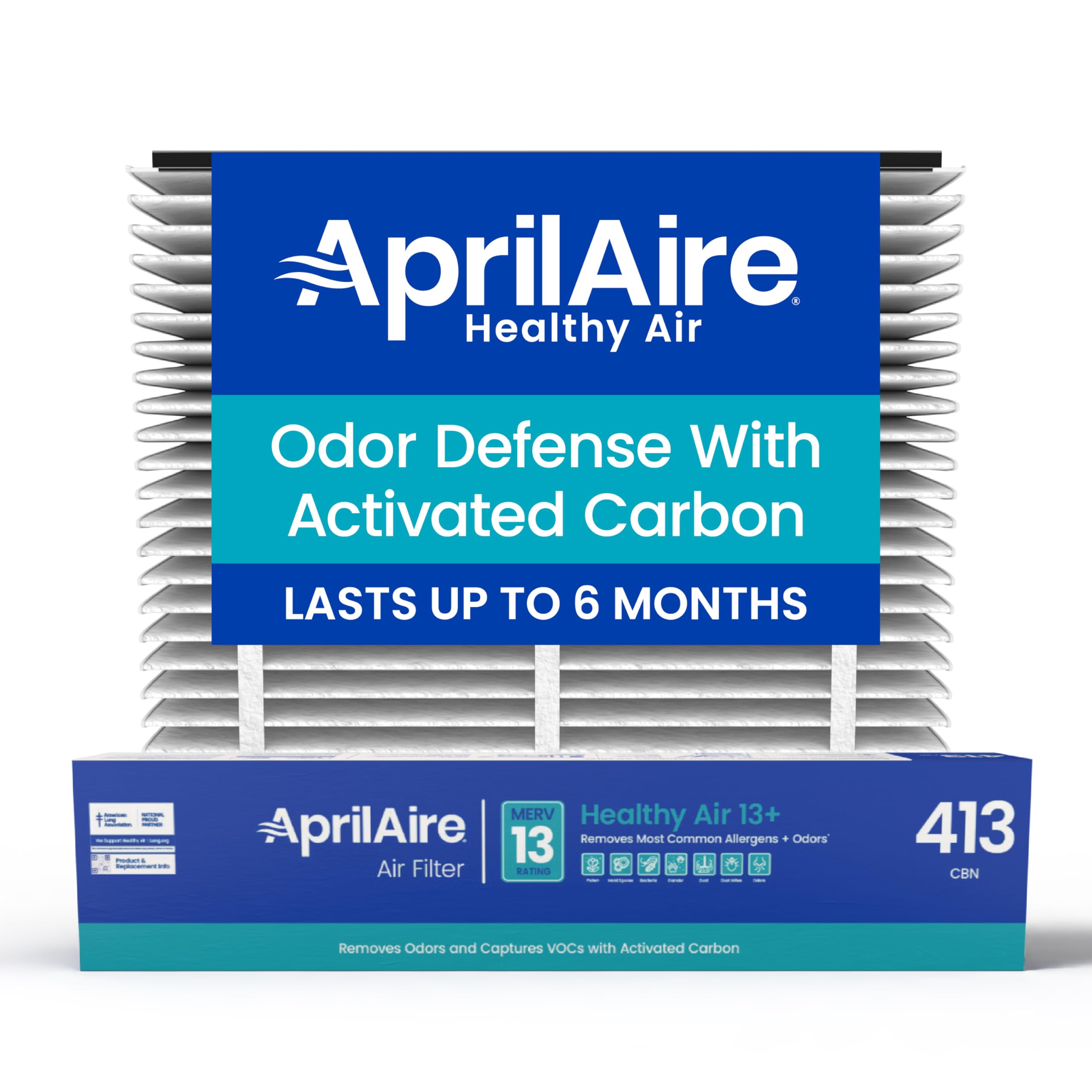 Aprilaire 413CBN carbon odor filter demonstrates activated carbon for odor reduction.