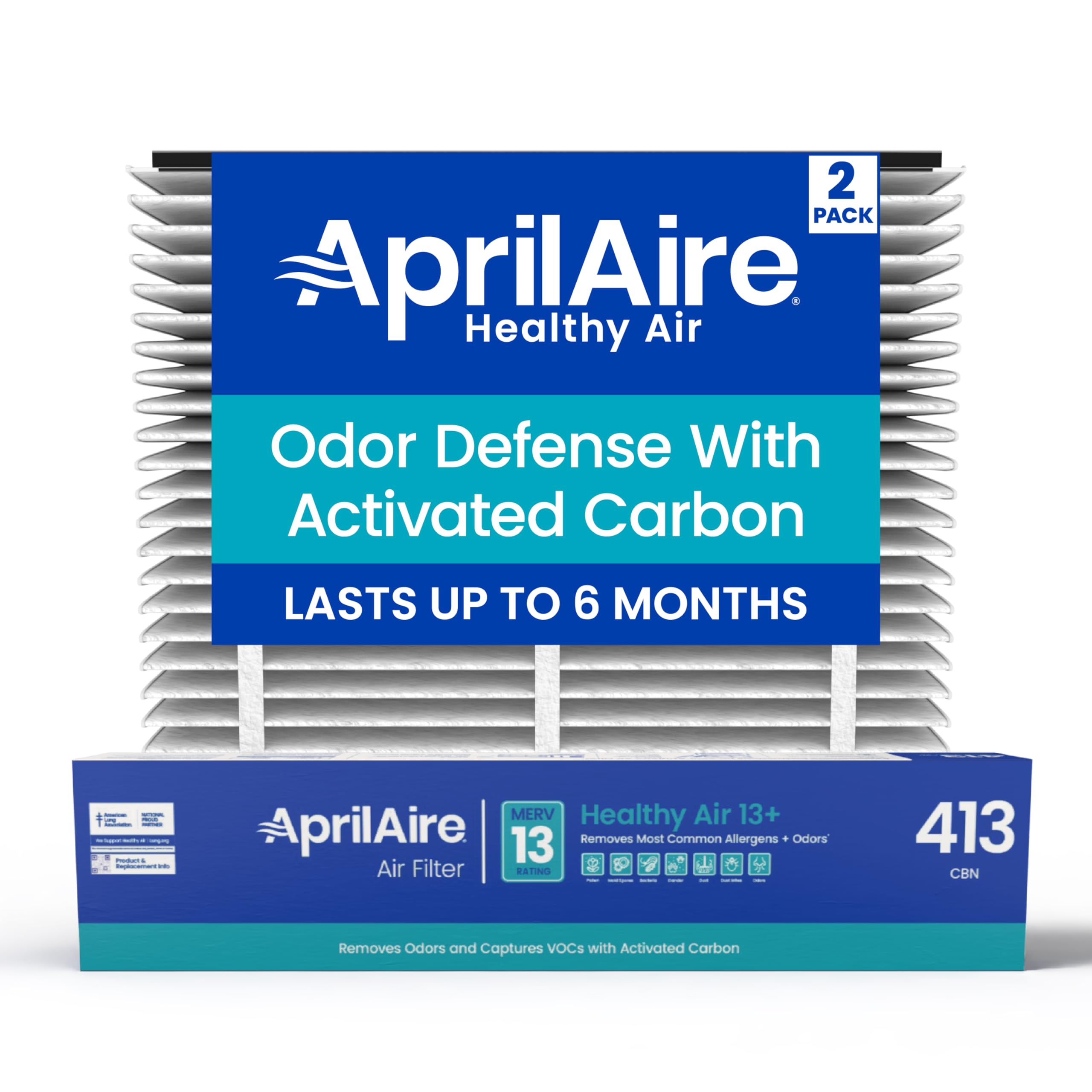 Aprilaire 413CBN filter packaging with carbon media for odor reduction