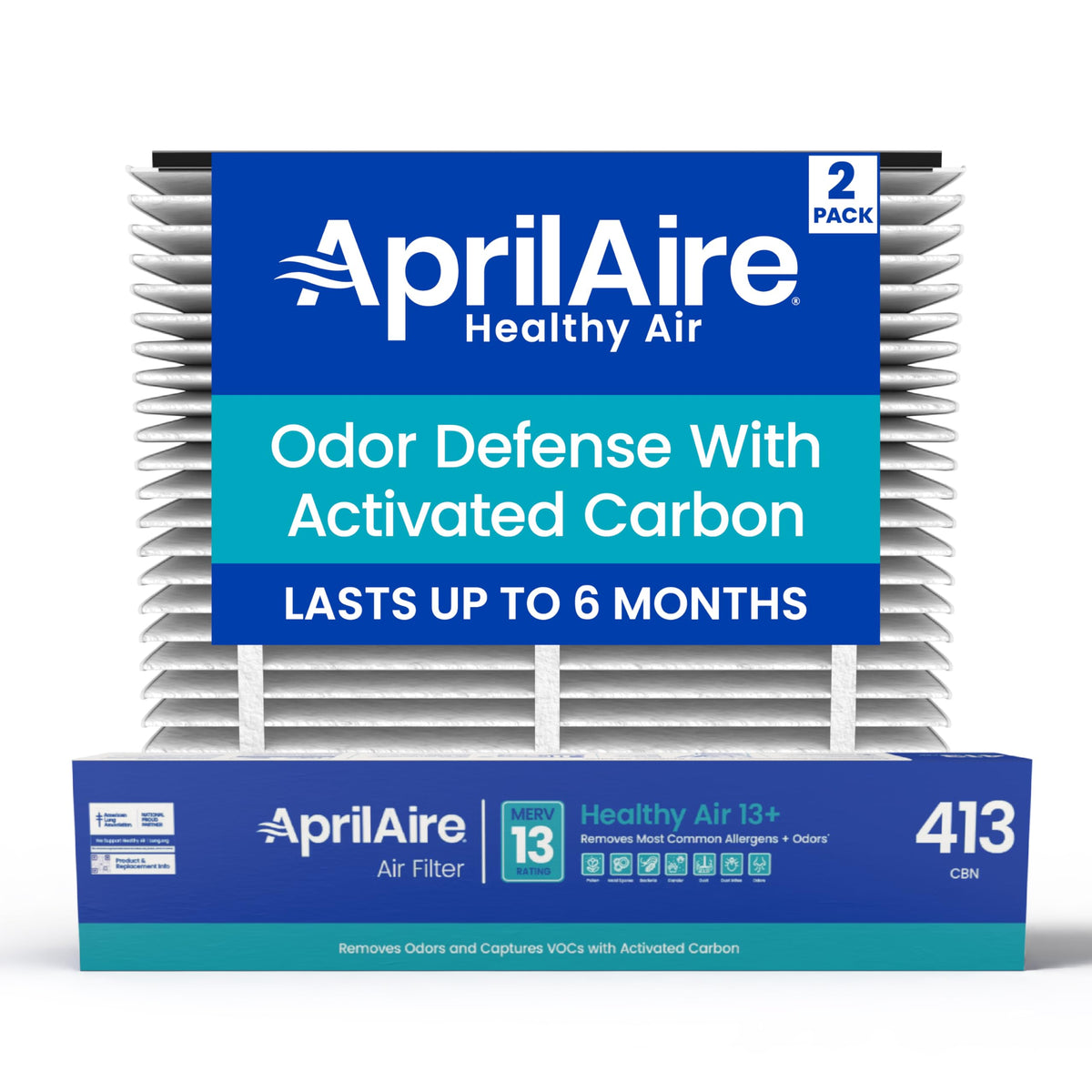 Aprilaire 413CBN filter packaging with carbon media for odor reduction