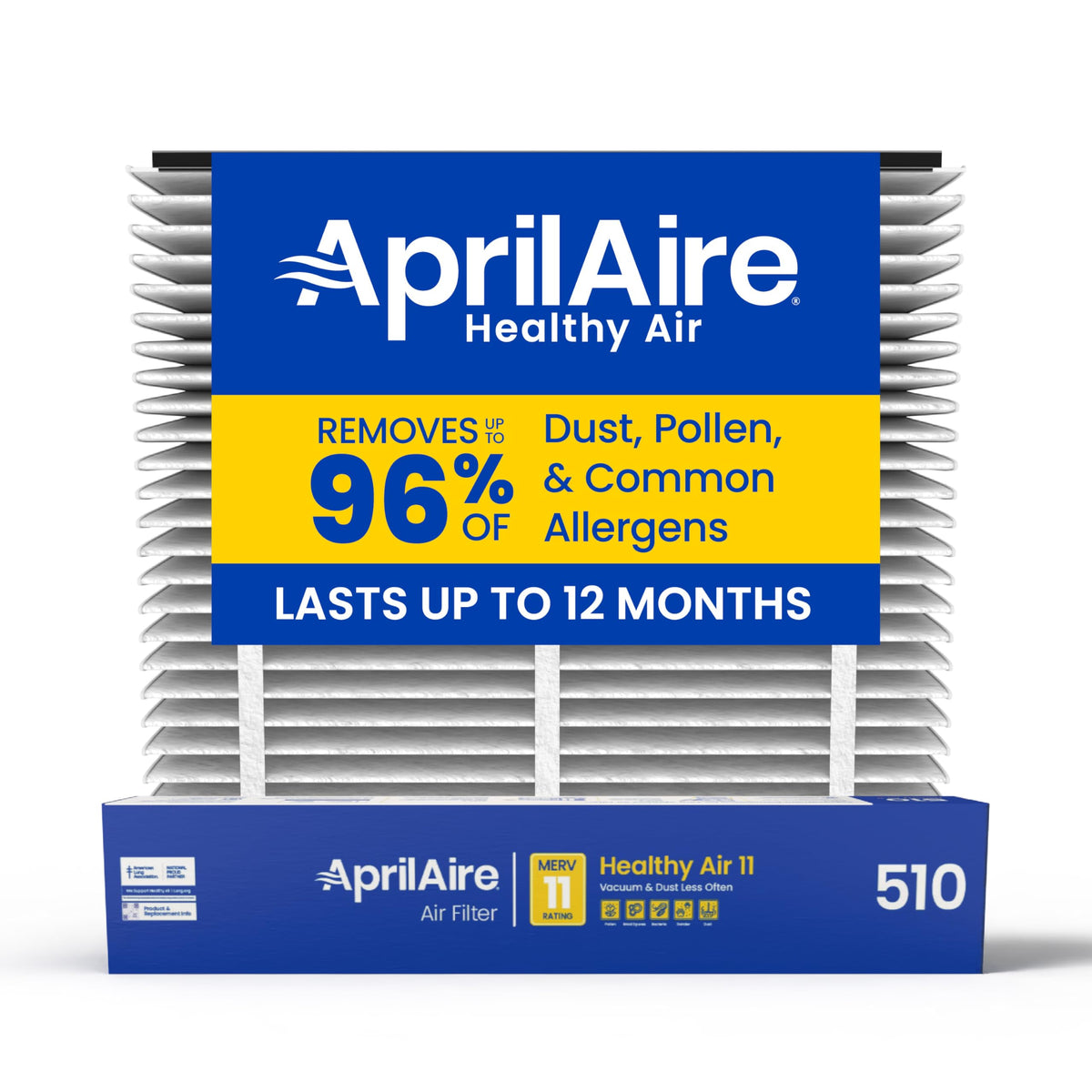 Aprilaire 510 replacement filter packaging close-up for reliable home HVAC performance.