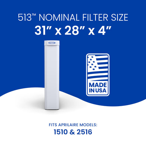 Aprilaire 513 filter media area equals 48.4 square feet for efficient filtration.