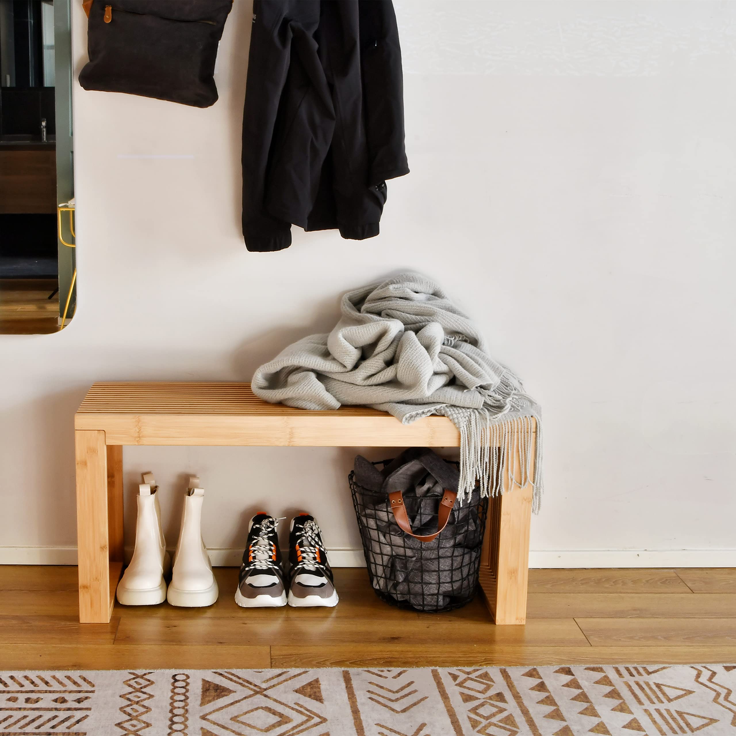 APRTAT bench shows grille-inspired bamboo design, rustic farmhouse charm.