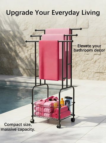 Apsvwys poolside setup showcases multi-use towel and blanket drying in one rack.