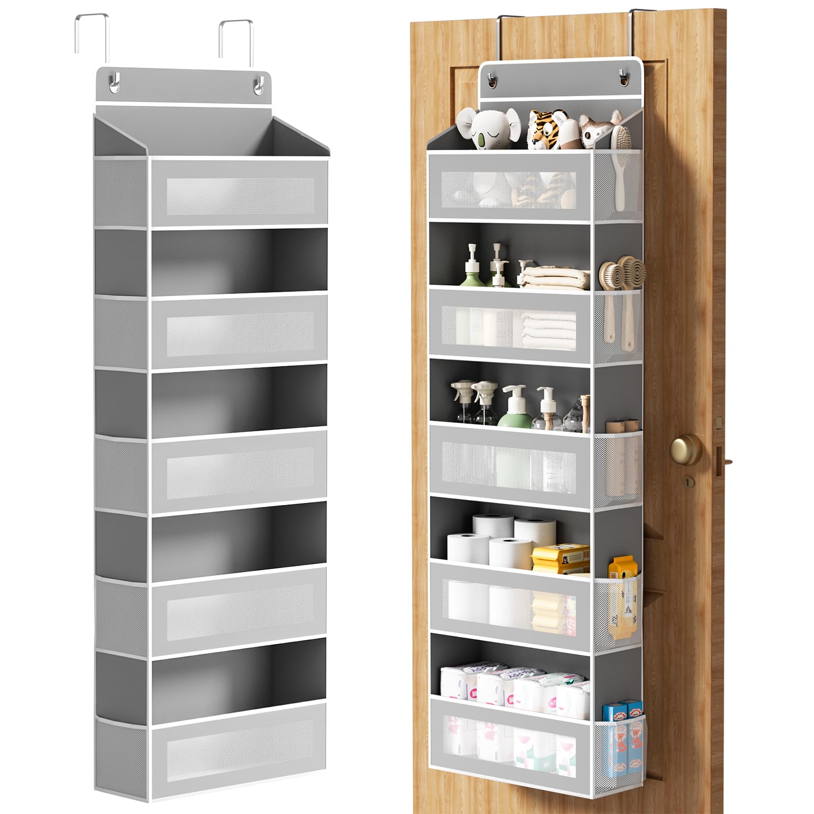 AQOOA over-the-door organizer shows 57x15.7 inch profile for behind-the-door storage
