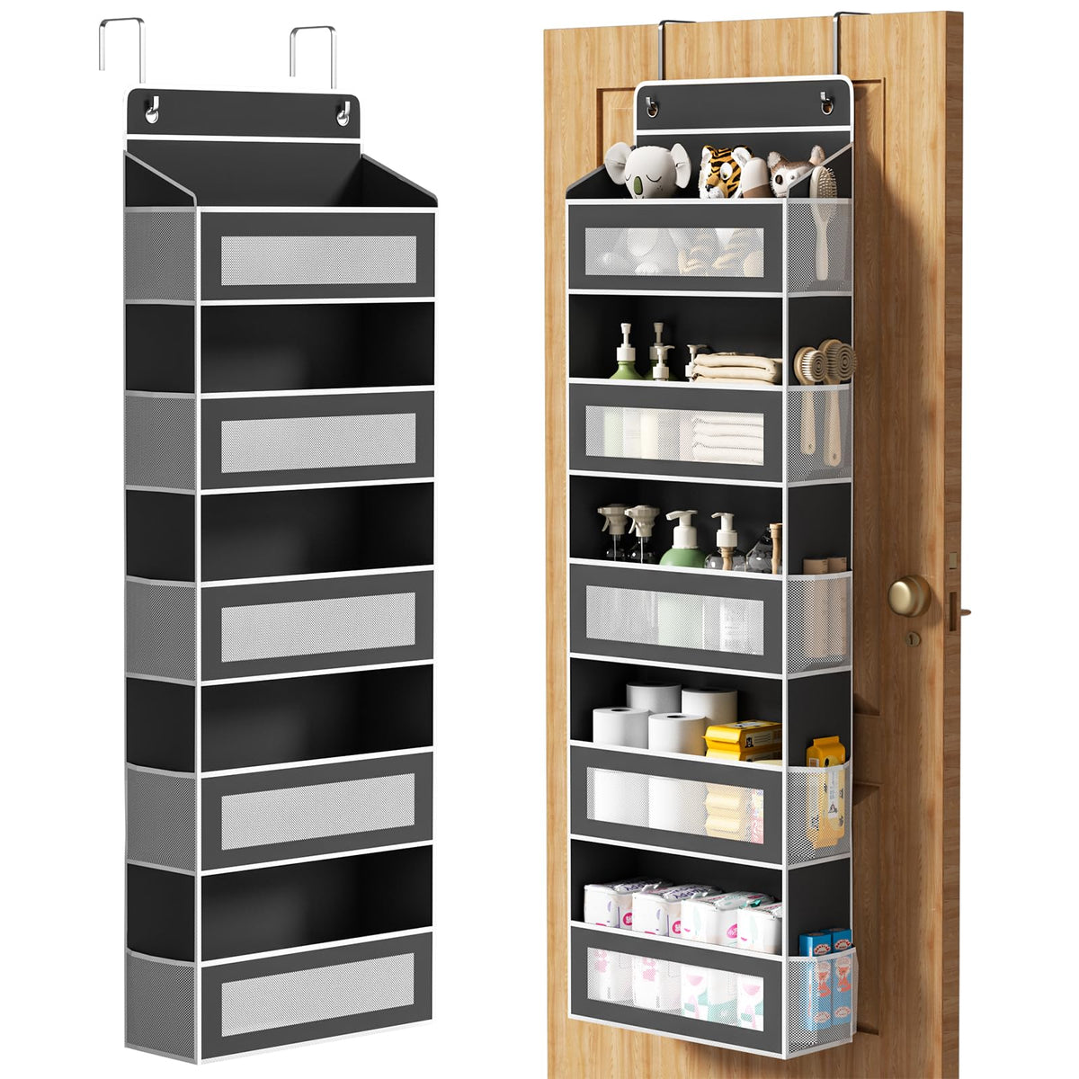 AQOOA over-the-door organizer front pockets help keep essentials within reach