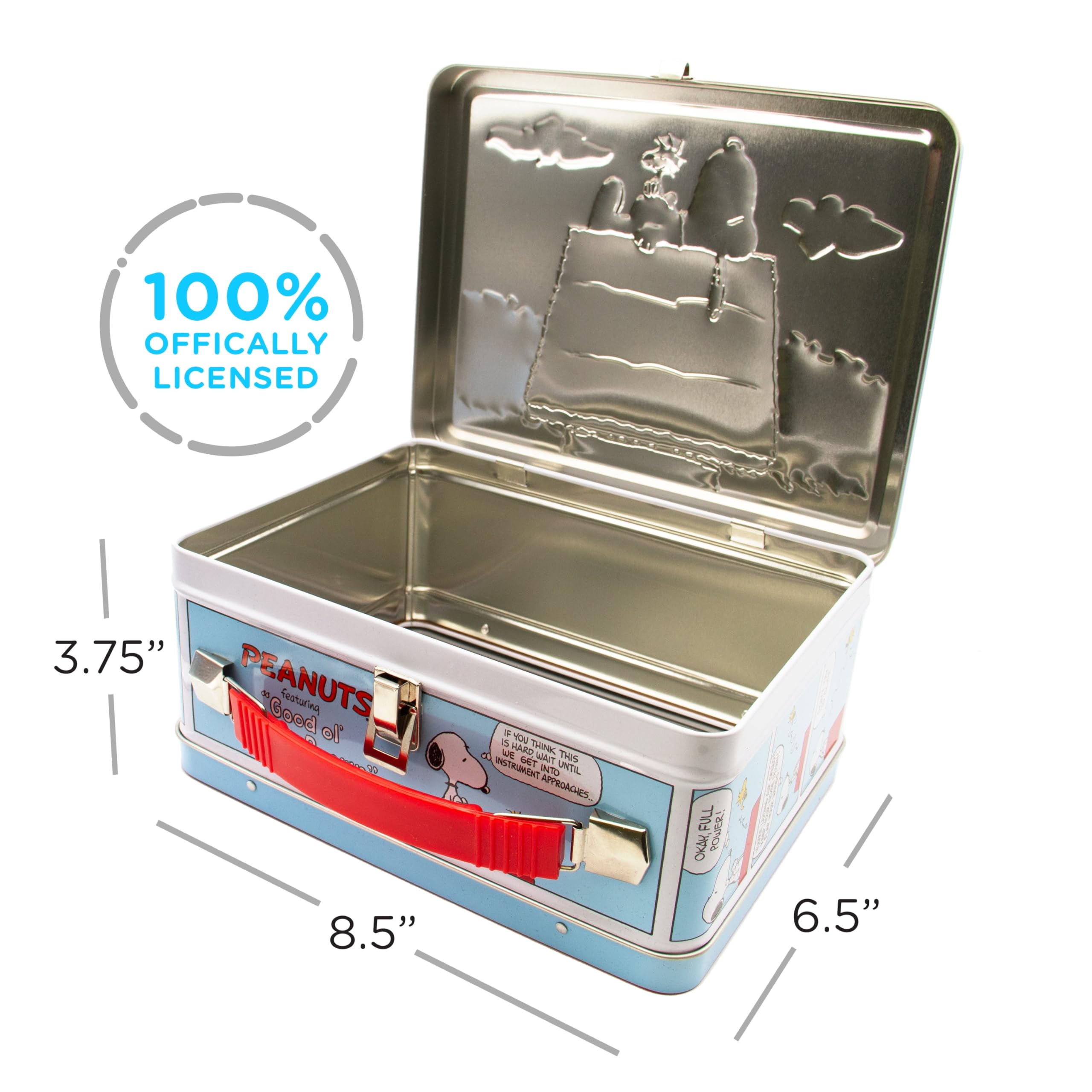 Aquarius Snoopy durable tin construction keeps toys organized.