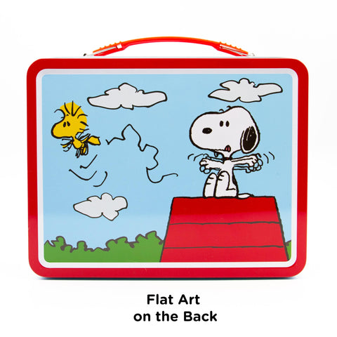 Aquarius Snoopy tin with latch provides secure closure for items.