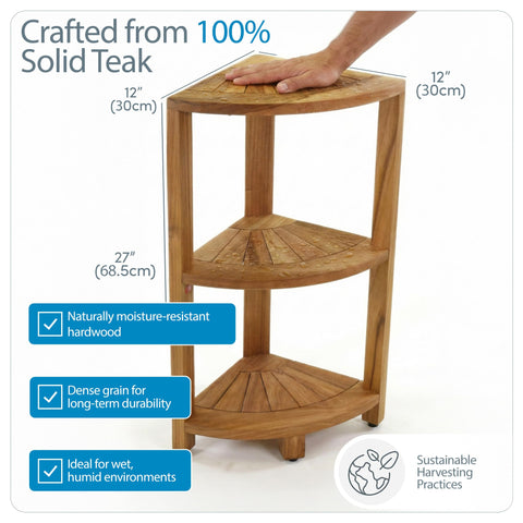 AquaTeak Kai-Petite teak corner shelf stand, 3-tier shelves maximize bathroom storage.