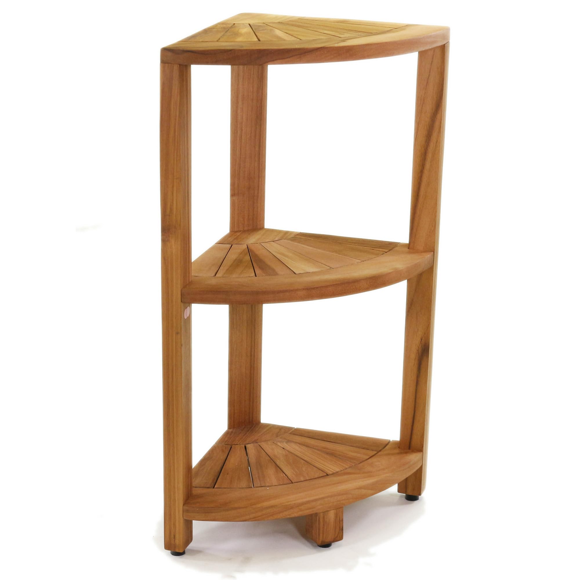 AquaTeak Kai-Petite corner shelf stand, front view, compact space-saving design for small bathrooms.