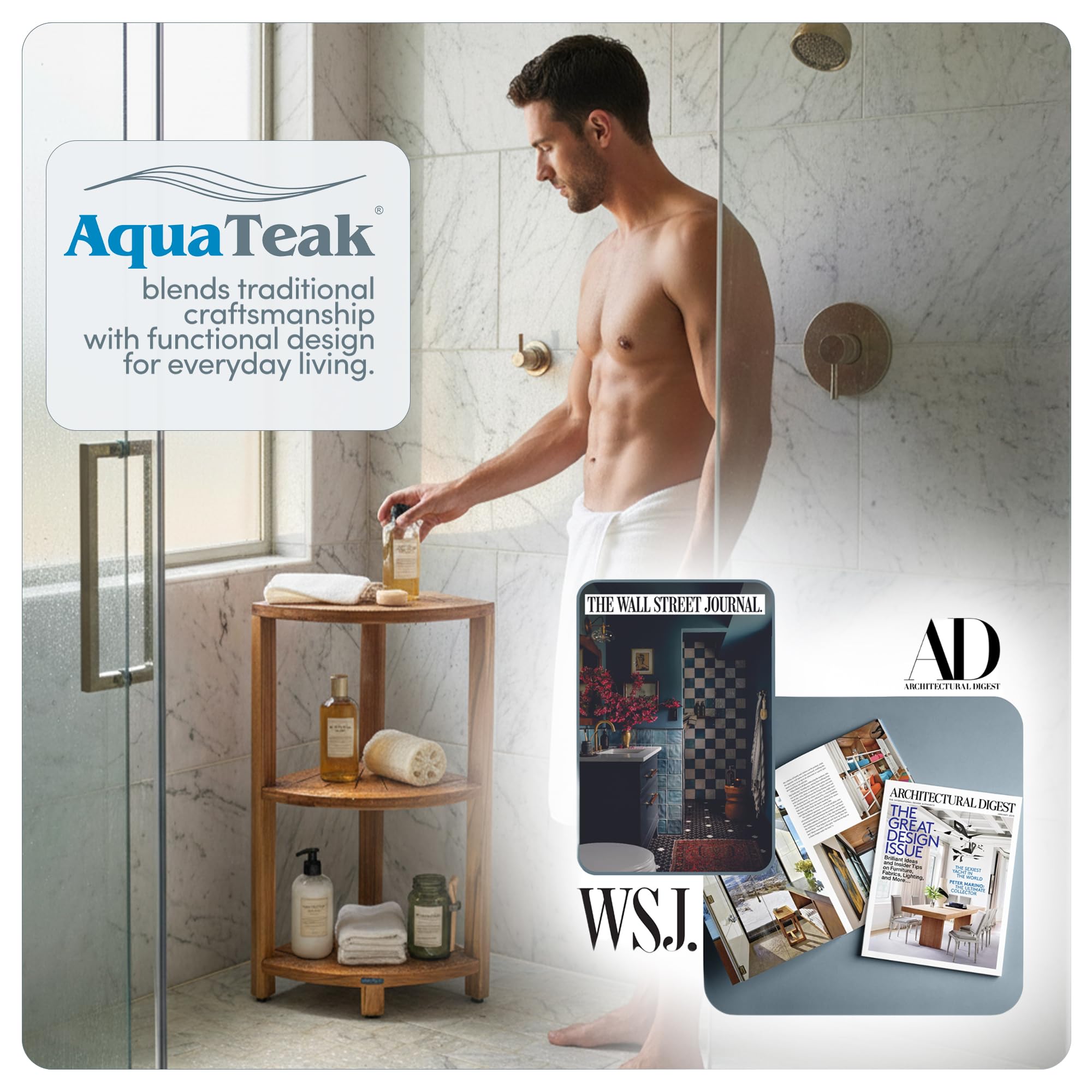 AquaTeak Kai-Petite teak corner shelf stand fits showers and bathrooms with easy setup.