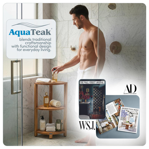 AquaTeak Kai-Petite teak corner shelf stand fits showers and bathrooms with easy setup.