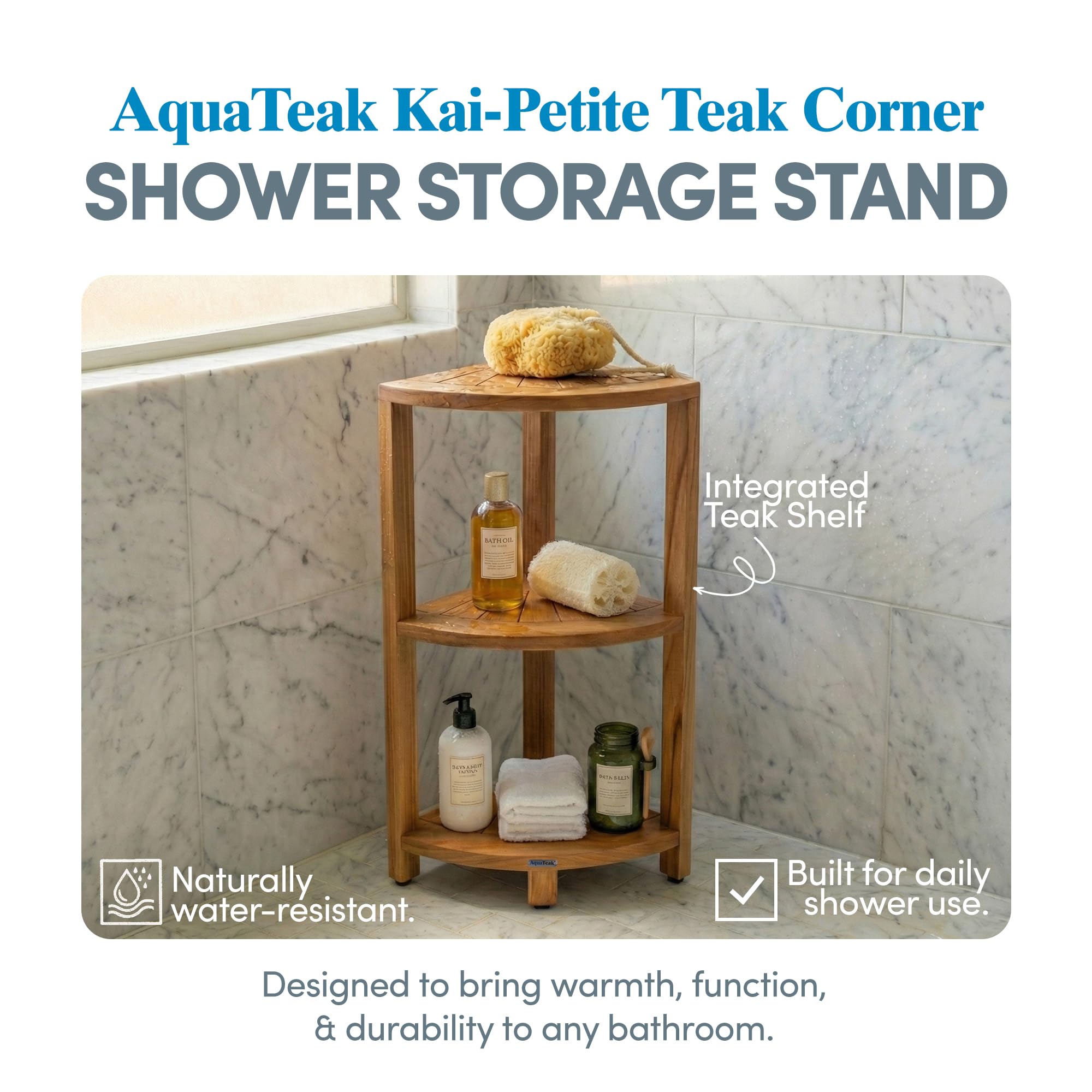 AquaTeak Kai-Petite corner shelf stand, side view, three-tier storage for organized showers.