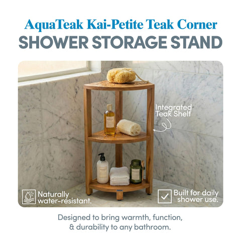 AquaTeak Kai-Petite corner shelf stand, side view, three-tier storage for organized showers.