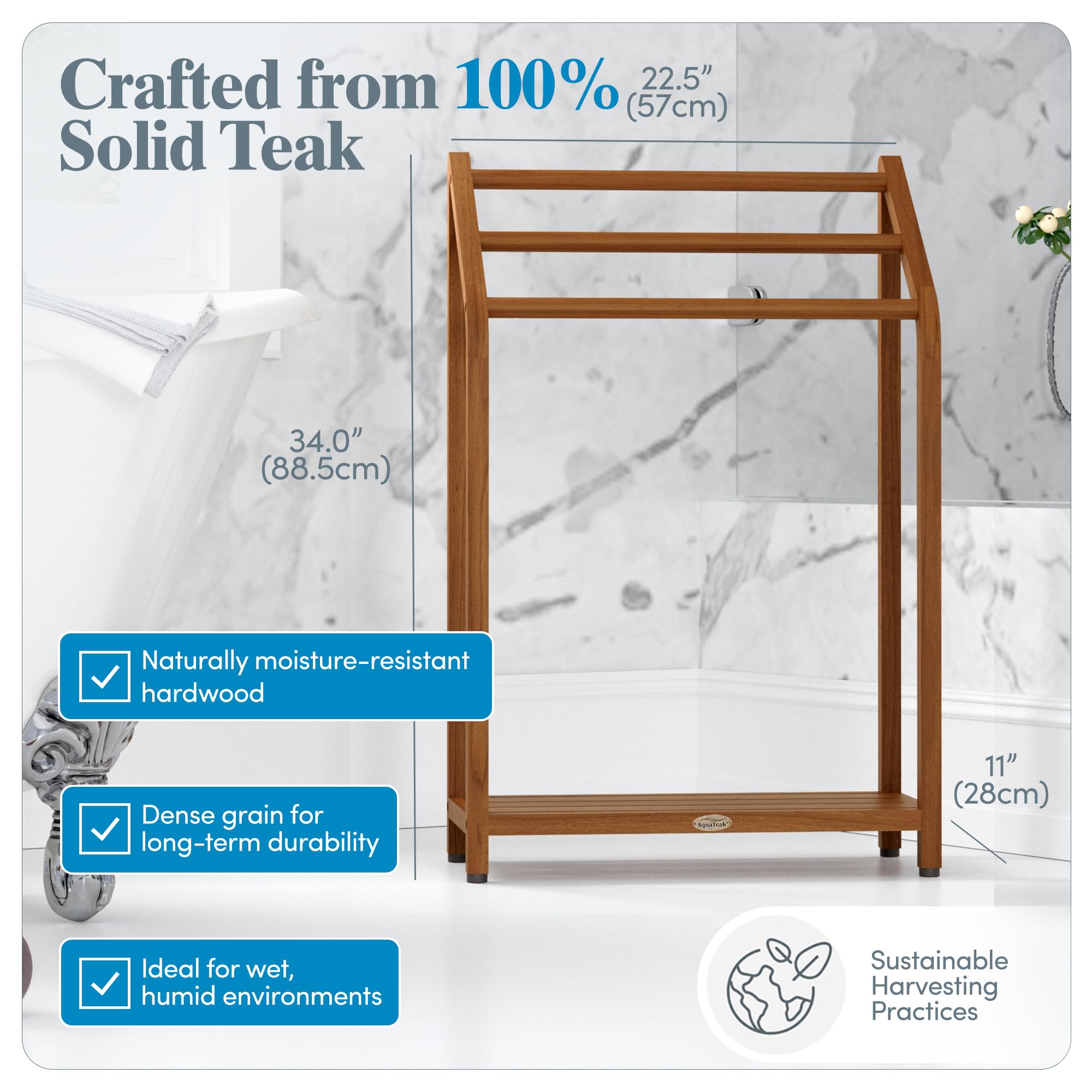 AquaTeak Sula 3-tier towel hanger offers built-in shelves for towels and essentials.