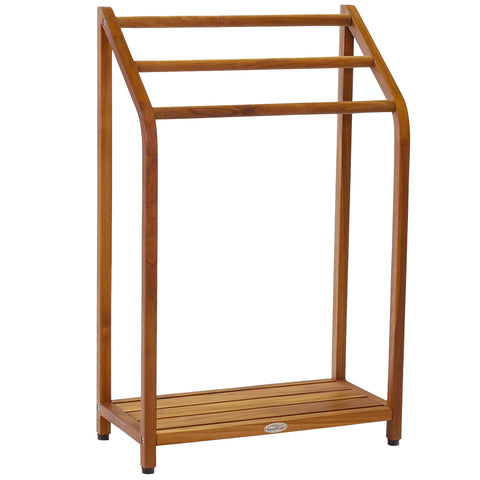 AquaTeak Sula 34-inch towel rack in teak finish provides compact bathroom storage.