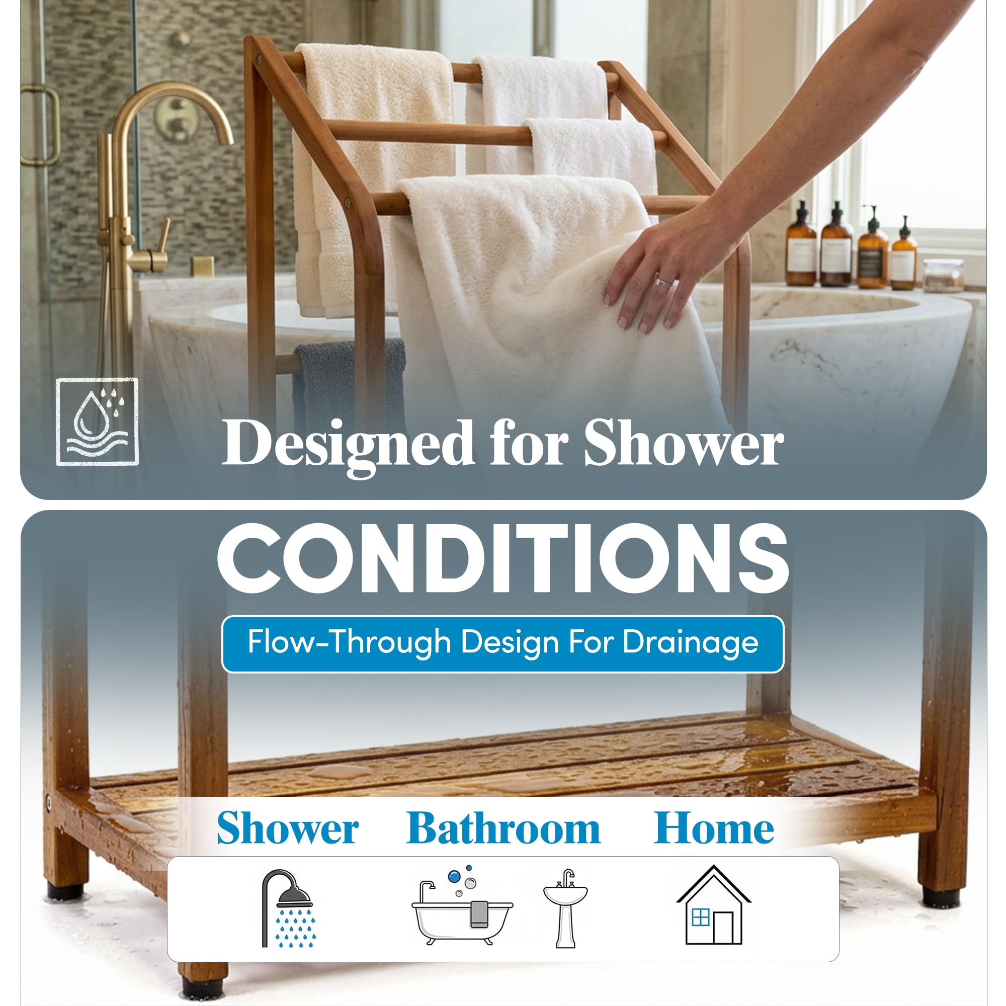 AquaTeak Sula freestanding towel rack fits small showers for easy access and drying.