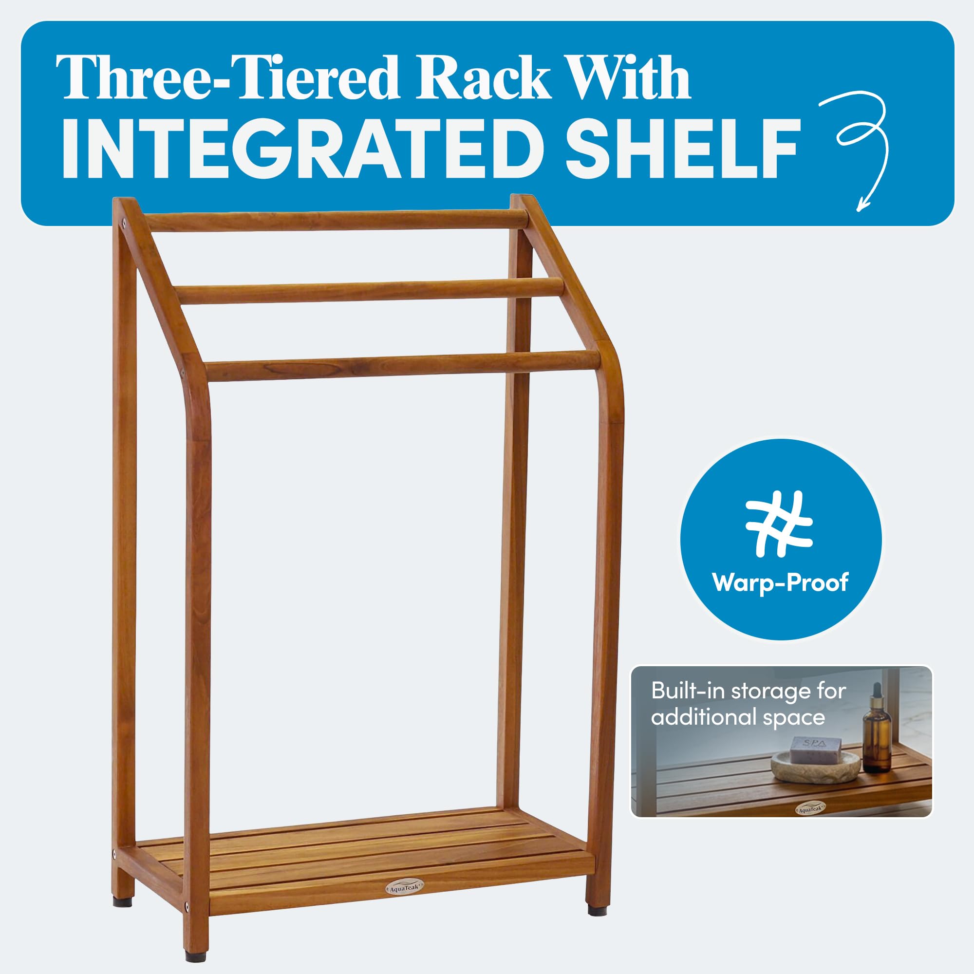 AquaTeak Sula rack's non-slip feet keep it stable on wet bathroom floors.