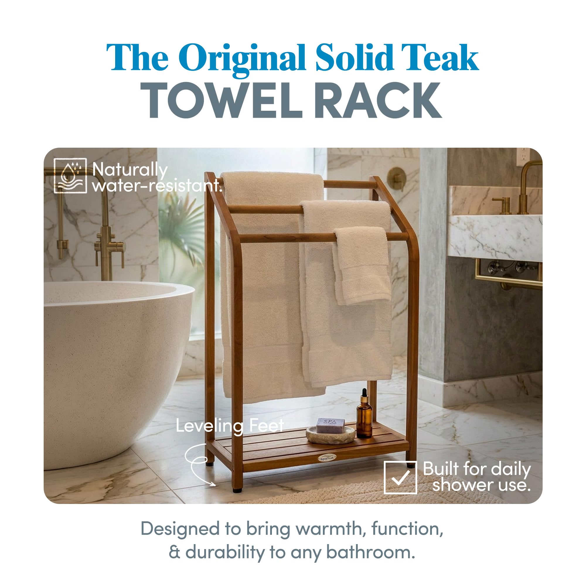 AquaTeak Sula teak shower organizer features hidden hardware for a clean, seamless look.