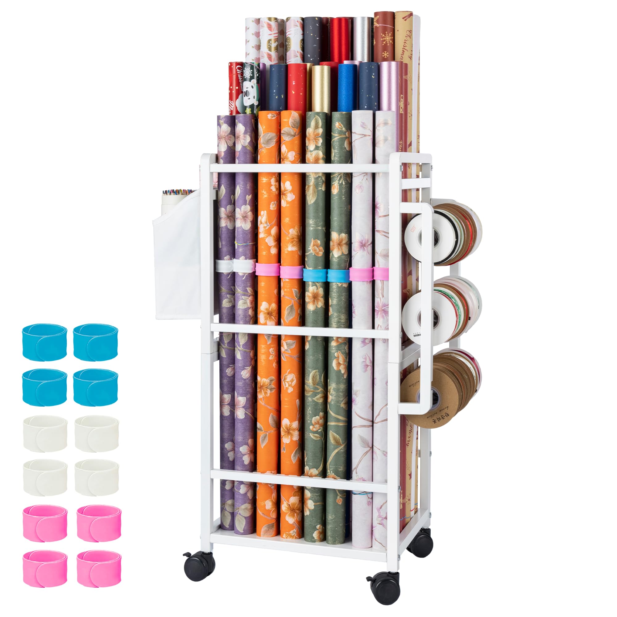 Aquzee gift-wrapping paper organizer stand keeps rolls neatly organized for easy access.