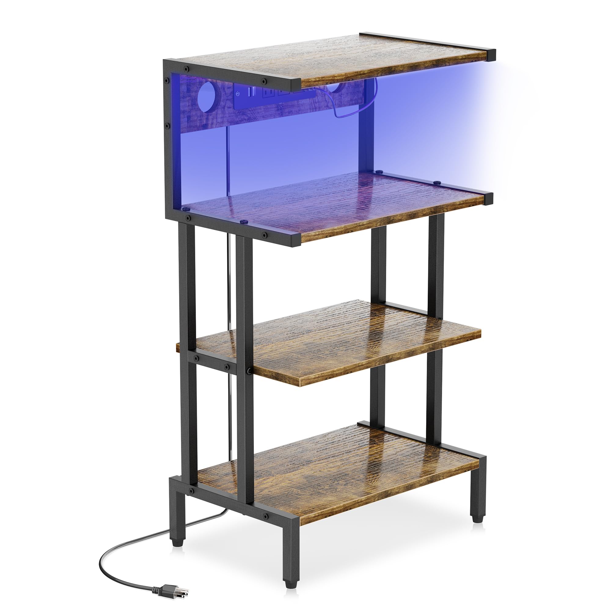 Aquzee video game console shelf with outlet and LED strip for organized gaming setup
