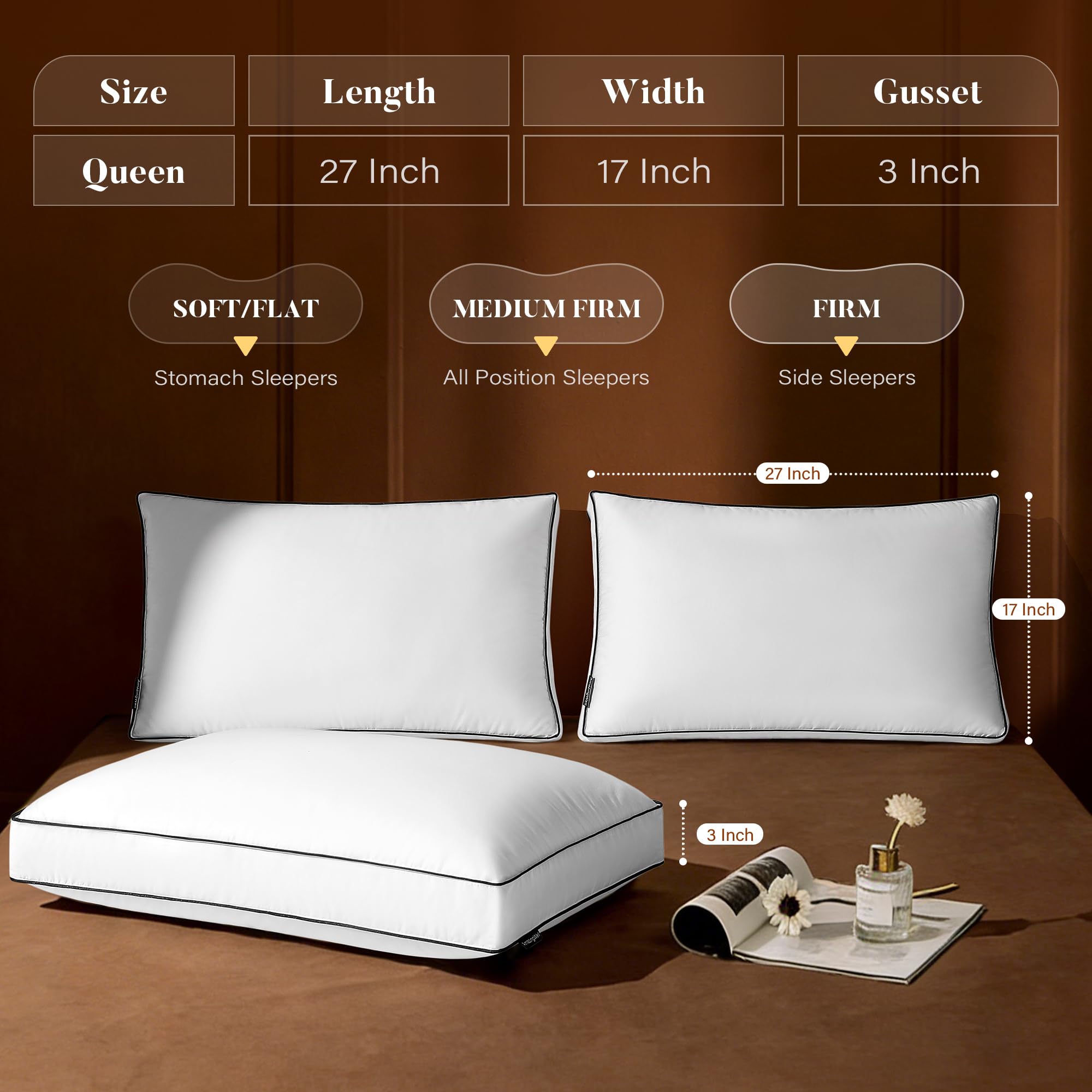 AQUZIN goose down pillow gusset visible illustrating height options