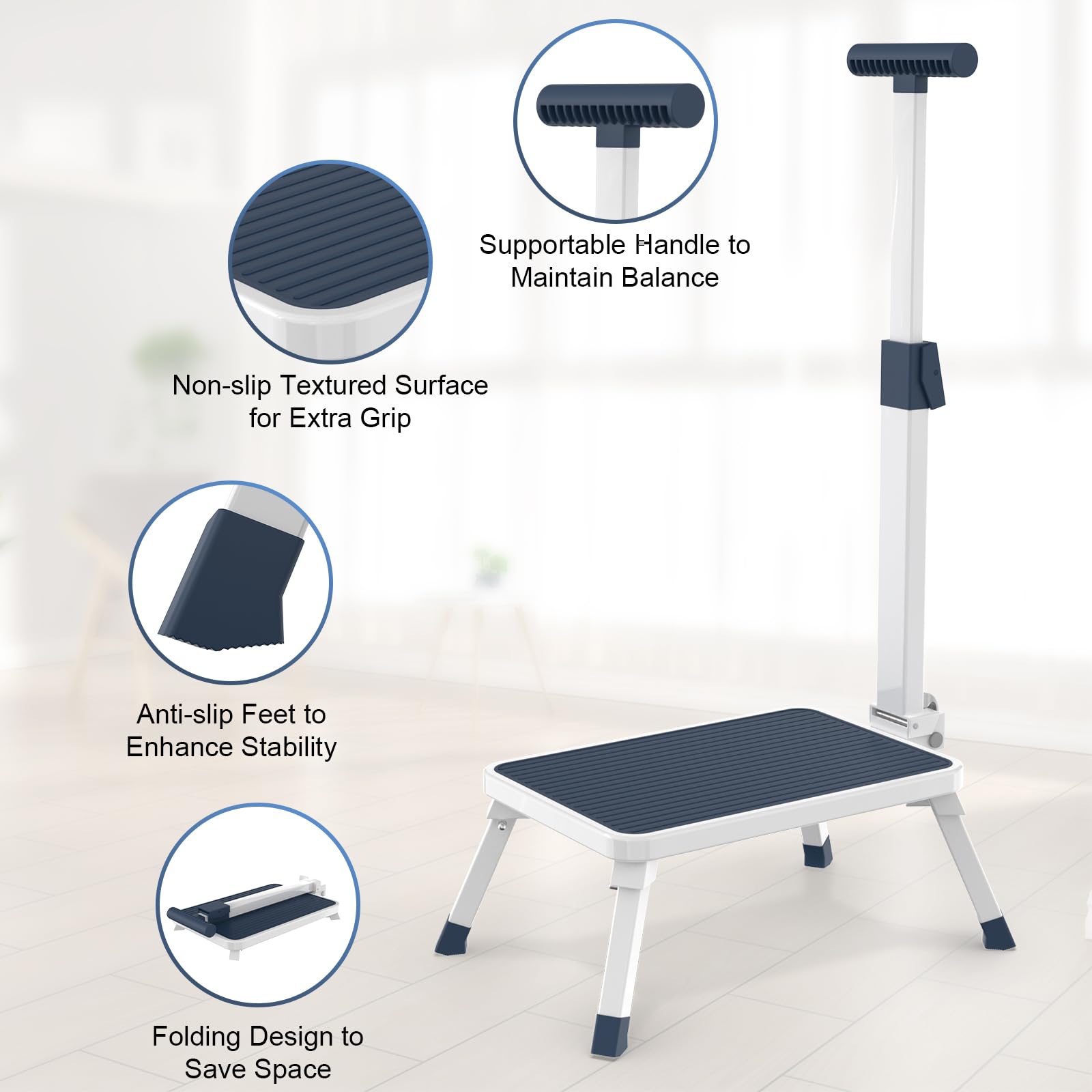 Aratan Folding Step Stool with nonslip platform improves stability on smooth floors.