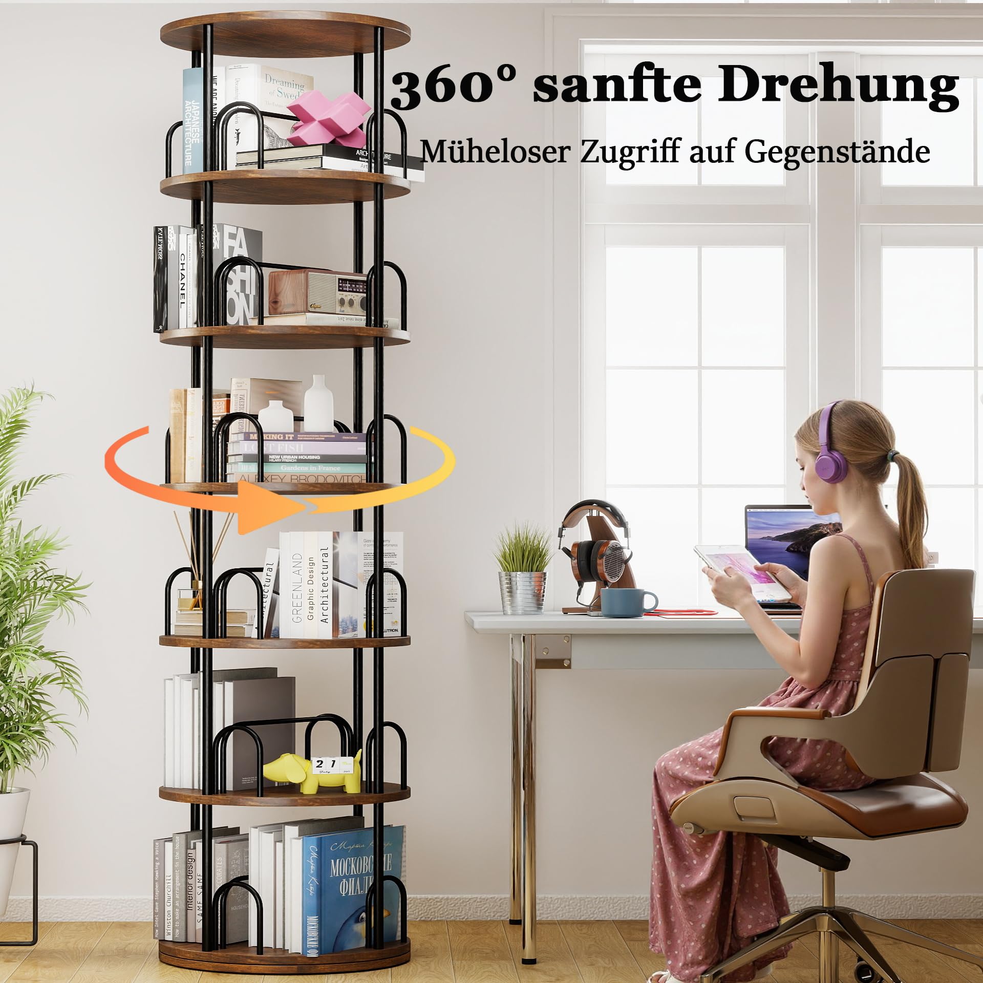 Arbcoler floor-standing rotating bookshelf in sleek black for the living area.