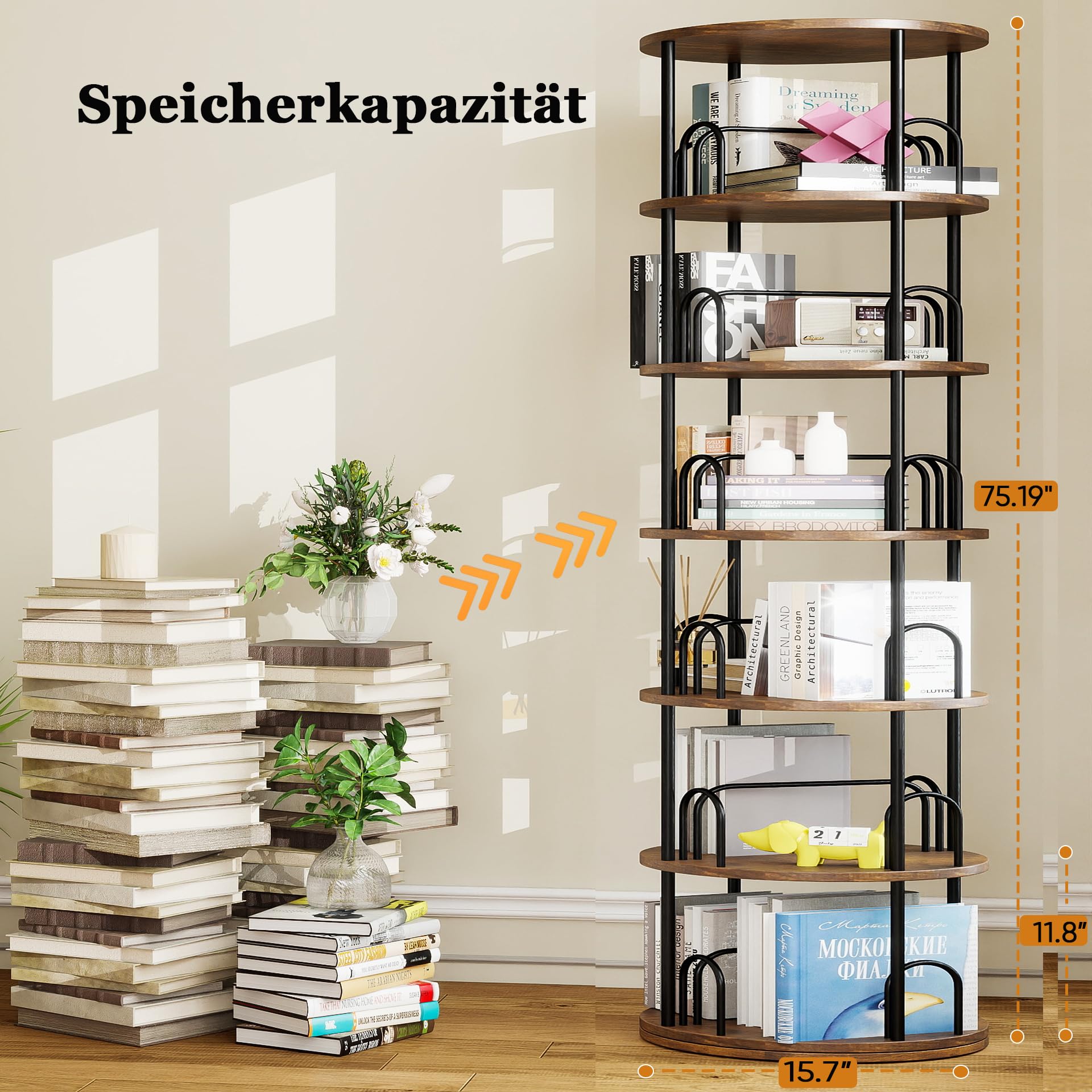 Arbcoler corner display round bookcase maximizing space in a small room.