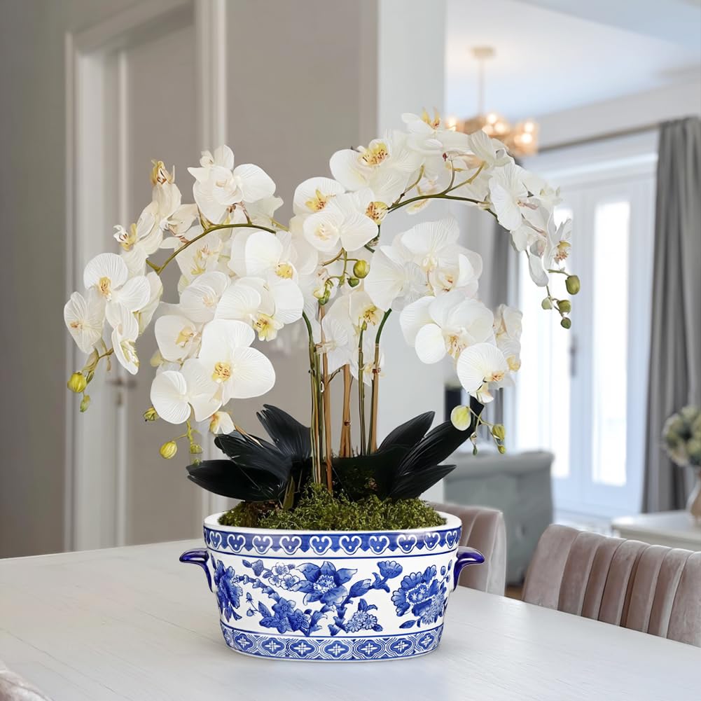 Closeup of Arborus blue and white floral design on ceramic planter