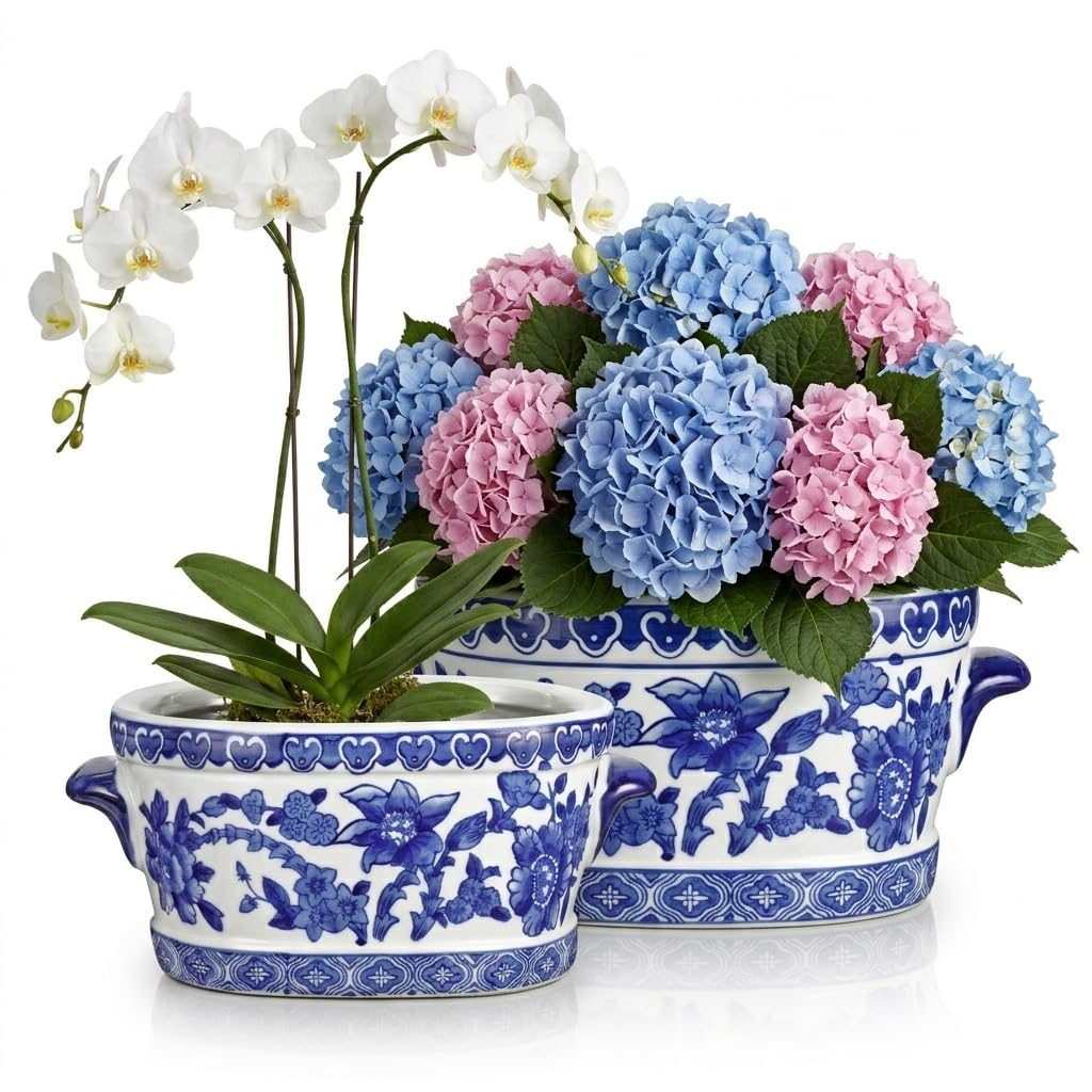 Arborus blue-and-white oval planter small with hand-painted florals for indoor greenery.