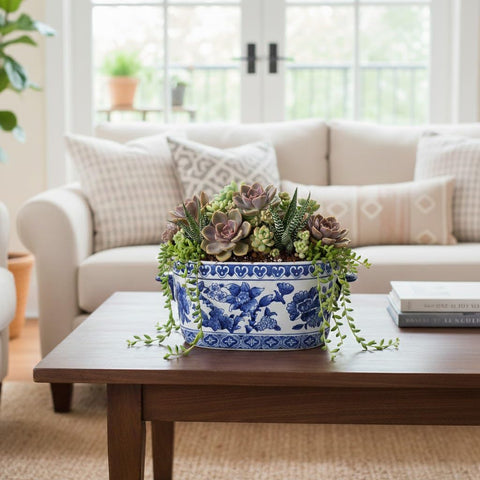 Indoor plant display using Arborus oval planter for shelves or mantels